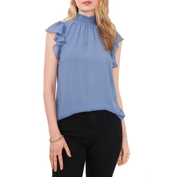 NWT 1. State Flutter Sleeve Smocked Mock Neck Blouse Storm Blue Large - Picture 1 of 16